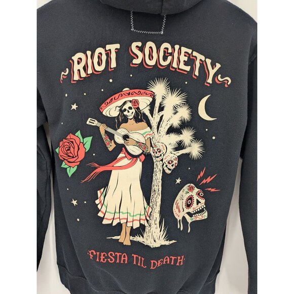 Riot Society Hoodie Size S Fiesta Till Death Skull Rose Pullover Streetwear Y2K - Picture 4 of 8